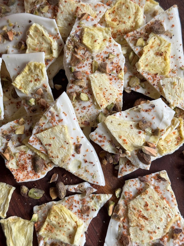Pineapple Pistachio Tajin White Chocolate Bark