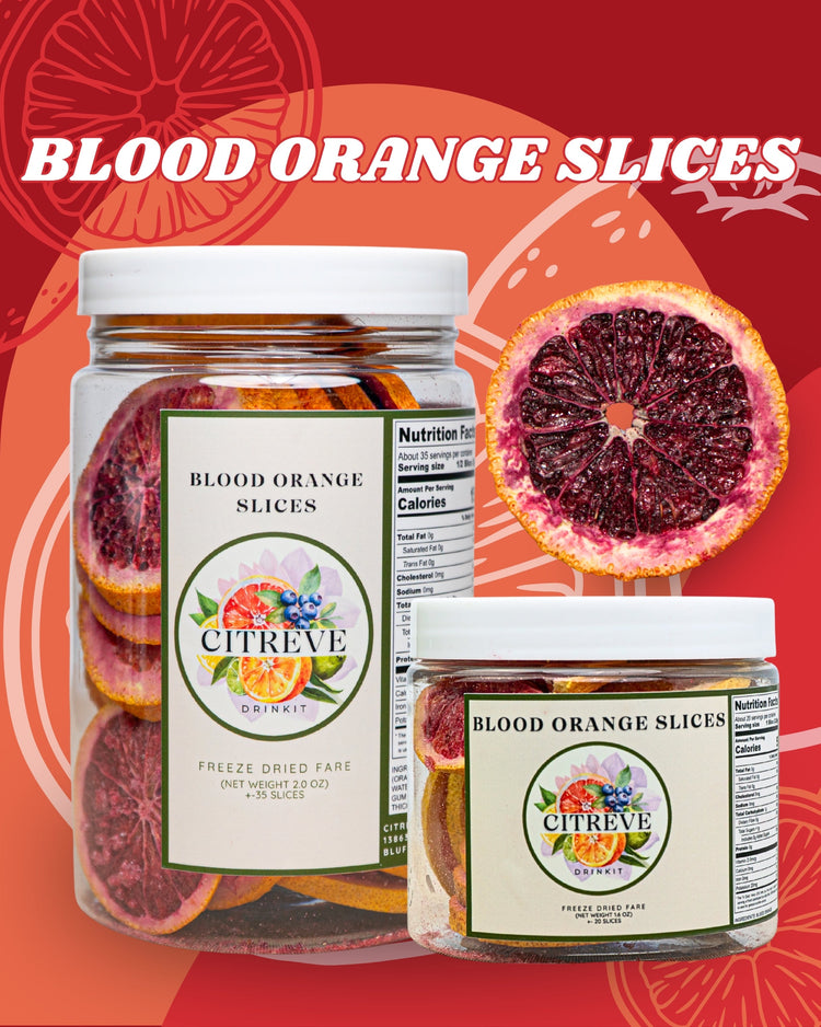 CITREVE freeze-dried blood orange slices in full-size and tasting-size jars on a red and coral background.
