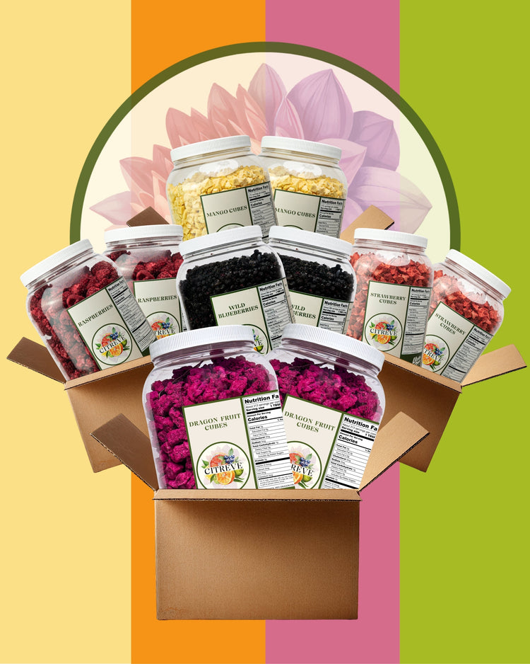 Assortment of CITREVE freeze-dried fruit jars representing bulk case options for larger orders.
