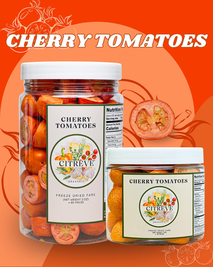 CITREVE freeze-dried cherry tomatoes in full-size and tasting-size jars with a cherry tomato on an orange background.