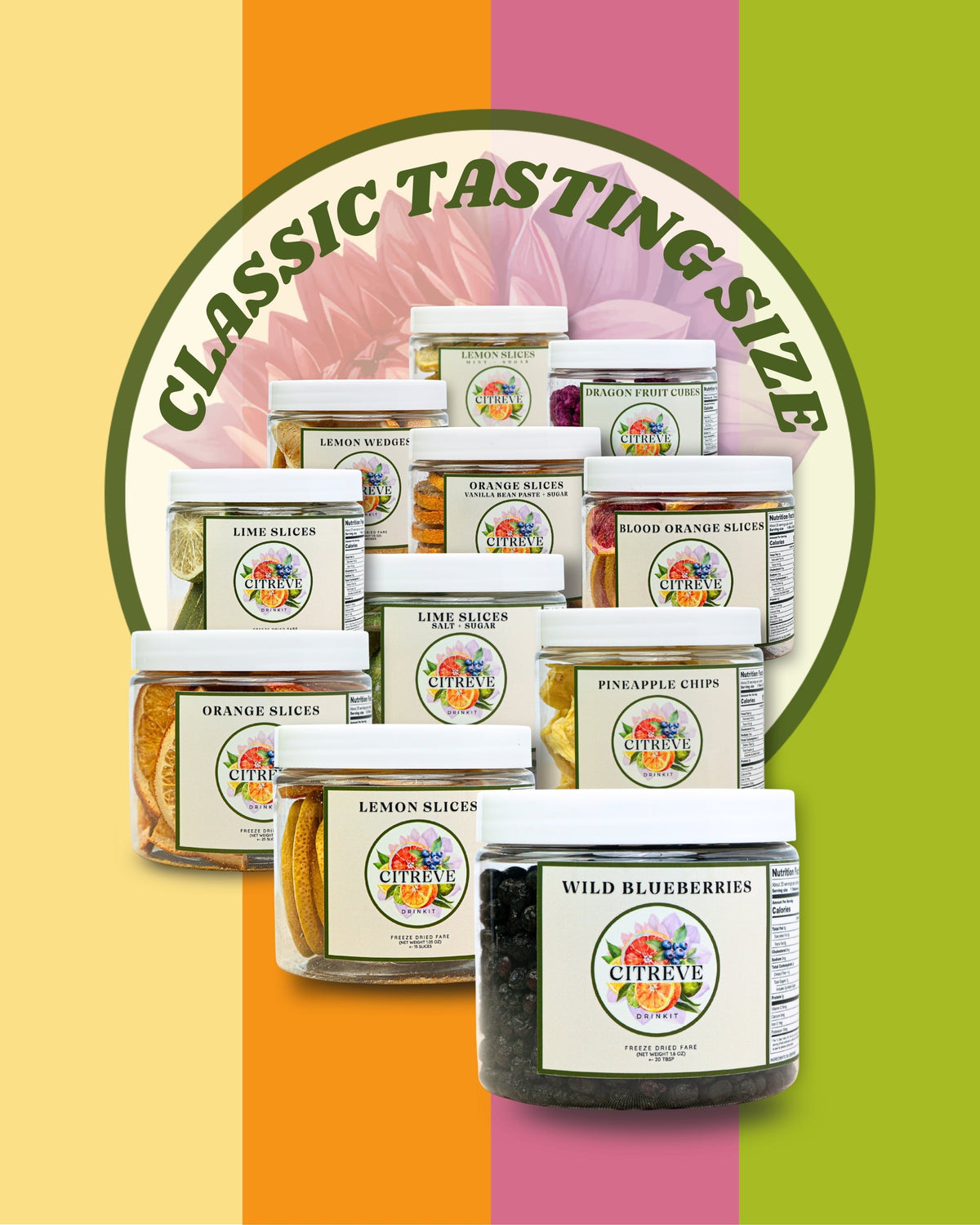 Assortment of CITREVE Classic Collection freeze-dried fruit tasting jars, featuring citrus slices and other fruit varieties.