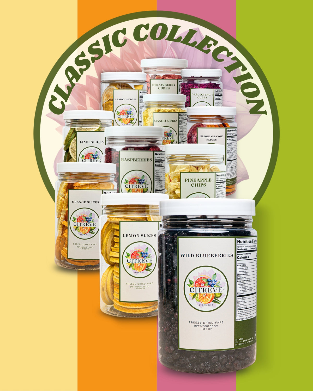 CITREVE Classic Collection featuring assorted freeze-dried fruit jars, including citrus slices, wild blueberries, raspberries, pineapple chips, and dragon fruit cubes.