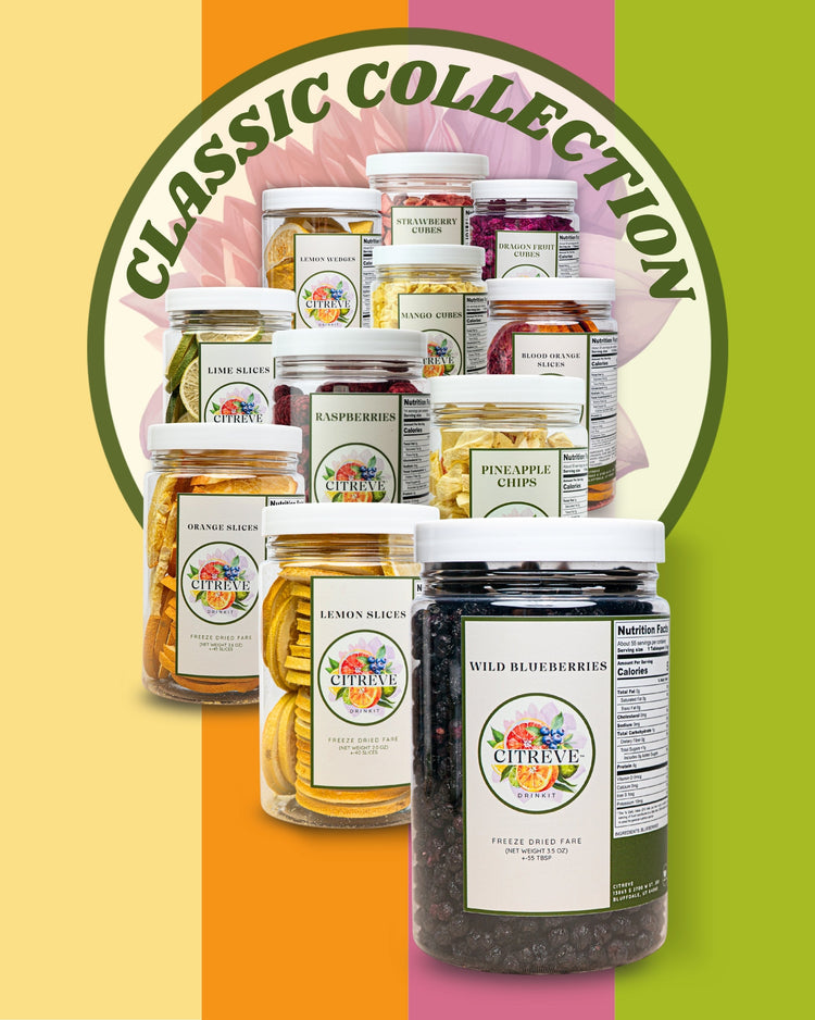 CITREVE Classic Collection featuring assorted freeze-dried fruit jars, including citrus slices, wild blueberries, raspberries, pineapple chips, and dragon fruit cubes.