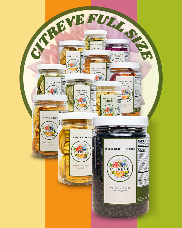Assortment of CITREVE full-size freeze-dried fruit jars, including citrus slices, wild blueberries, pineapple chips, and dragon fruit cubes.