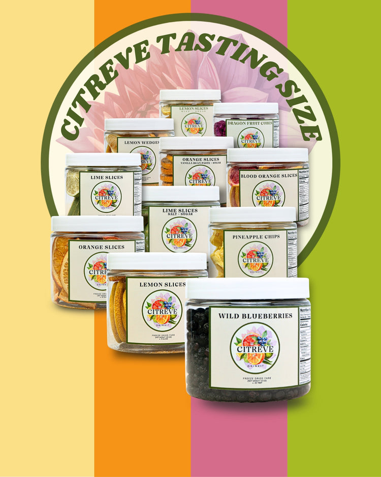 CITREVE freeze-dried fruit tasting-size jar collection featuring a variety of citrus and fruit flavors.