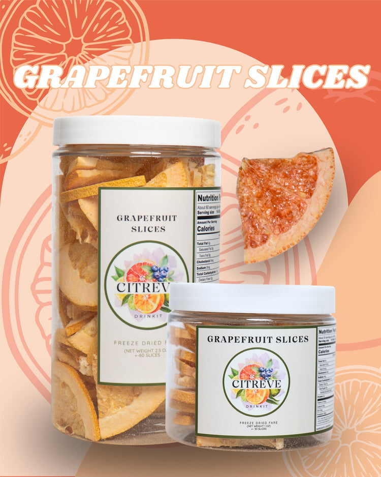 CITREVE freeze-dried grapefruit slices in full-size and tasting-size jars on a coral-colored background.