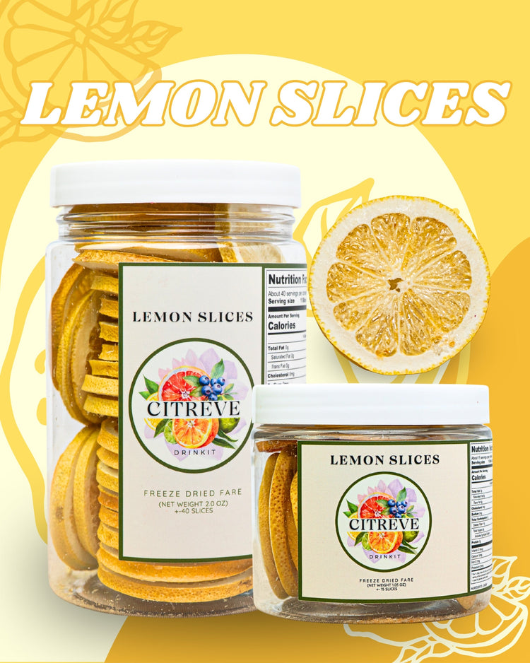 CITREVE freeze-dried lemon slices in full-size and tasting-size jars with a lemon slice on a yellow background.