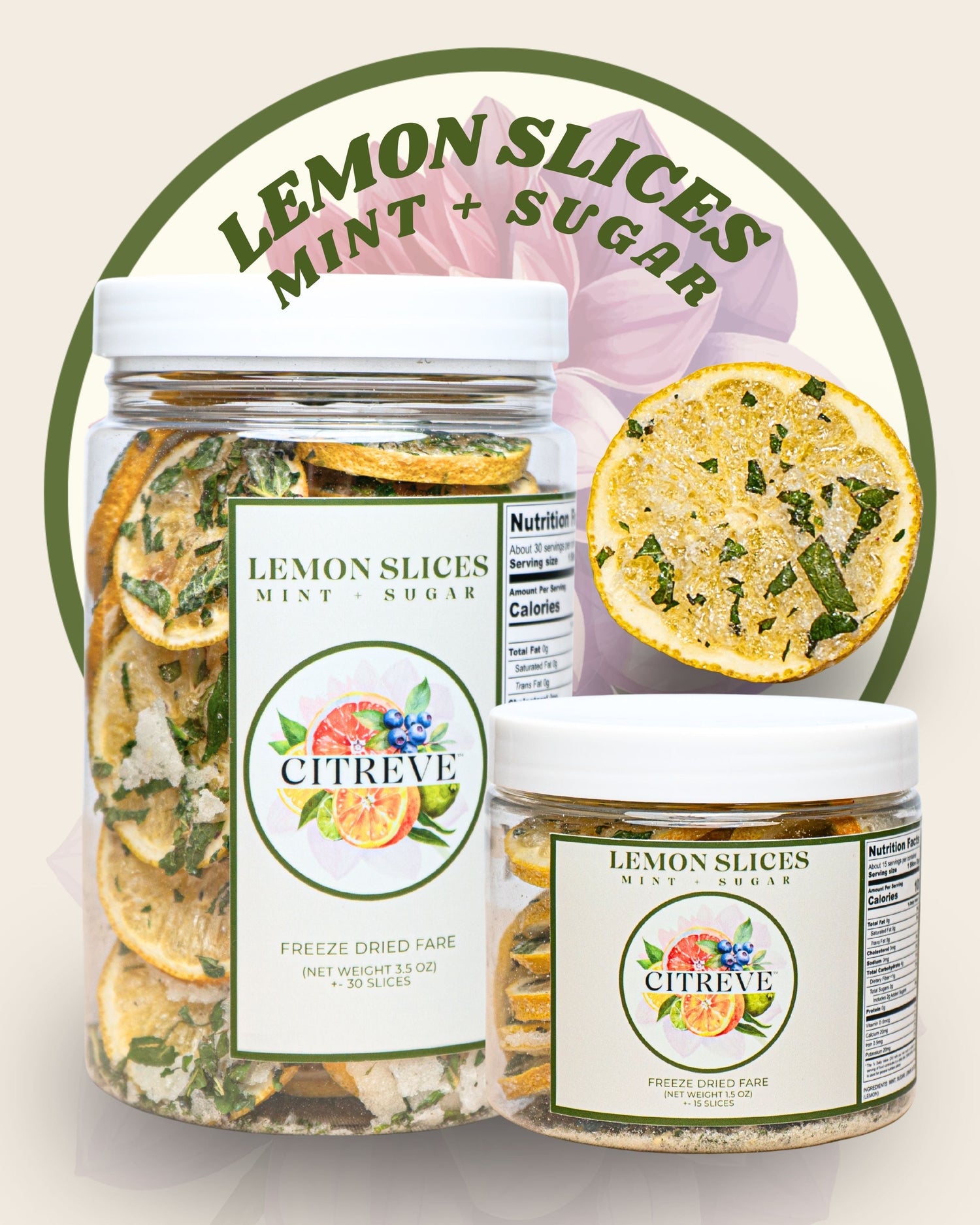 Freeze-Dried Lemon Slices with Mint + Sugar