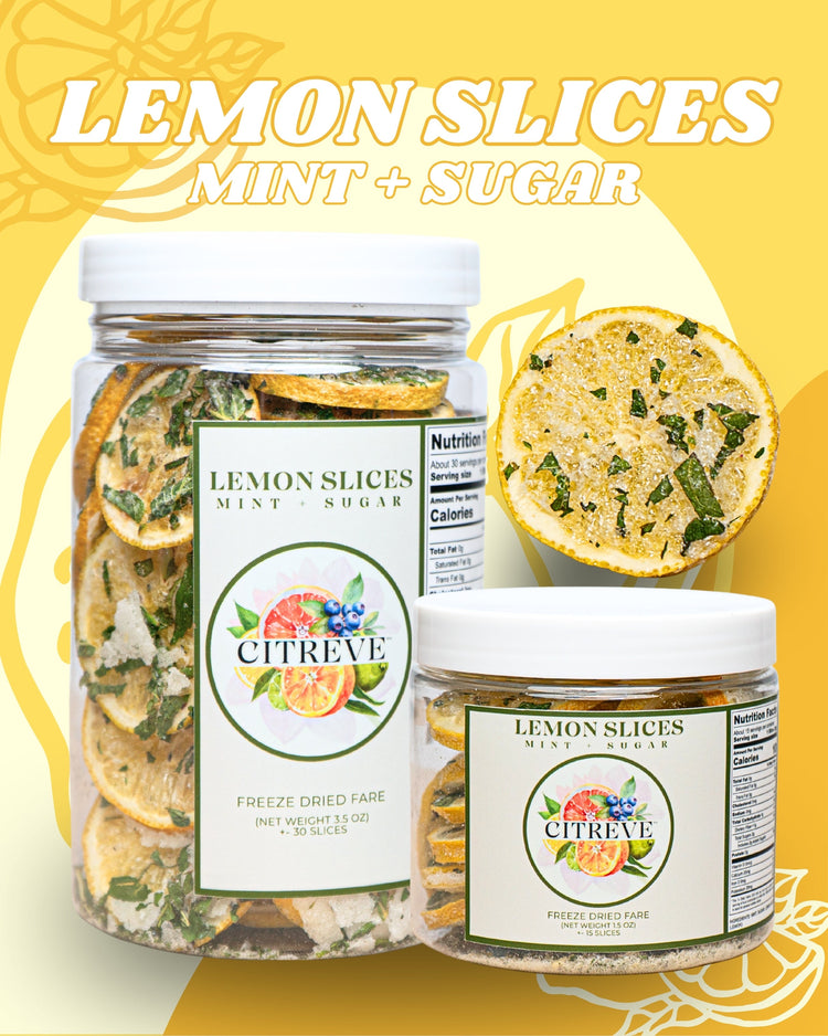 CITREVE freeze-dried lemon slices with mint and sugar in full-size and tasting-size jars on a yellow background.