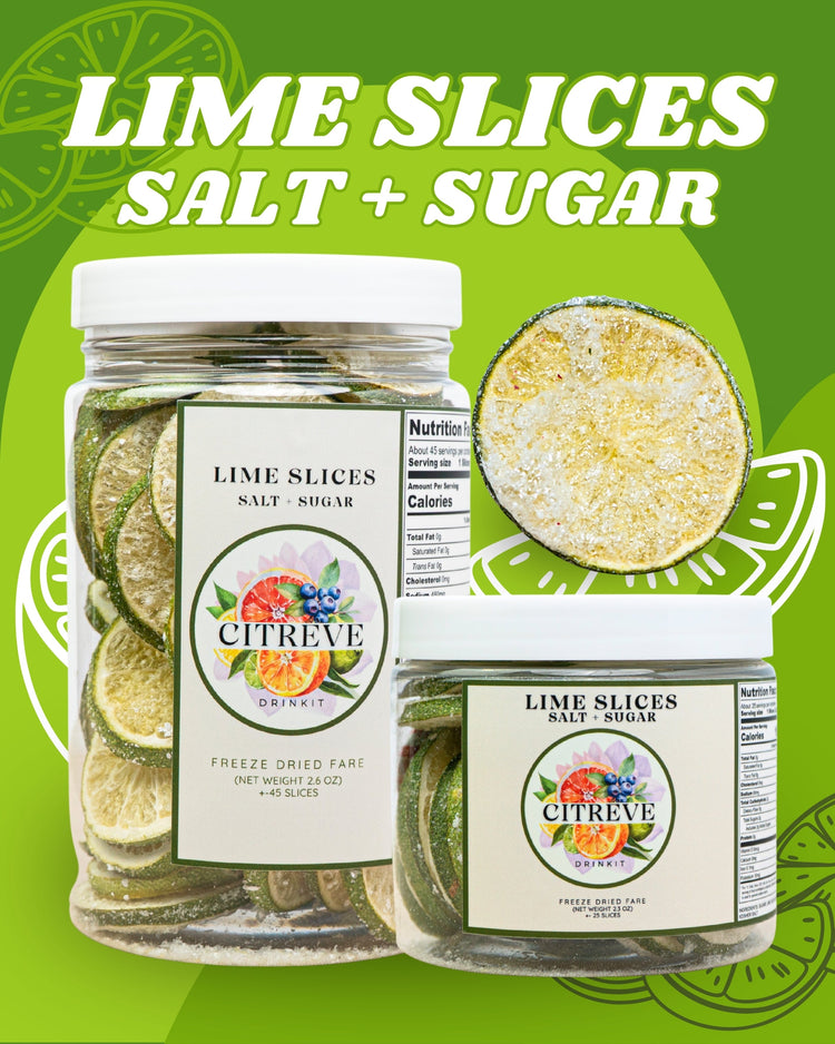 CITREVE freeze-dried lime slices with kosher salt and sugar in full-size and tasting-size jars.