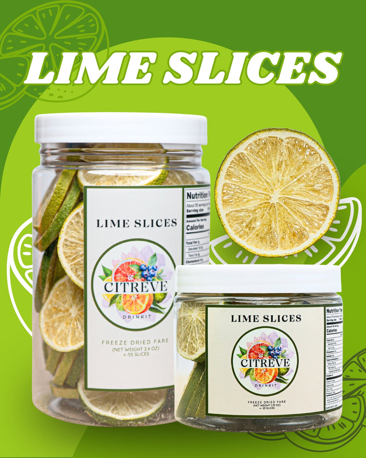 CITREVE freeze-dried lime slices in full-size and tasting-size jars, displayed with a lime slice on a bright green background.
