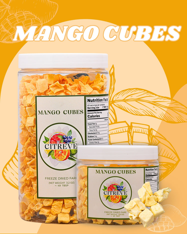 CITREVE freeze-dried mango cubes in full-size and tasting-size jars on a golden-orange background.