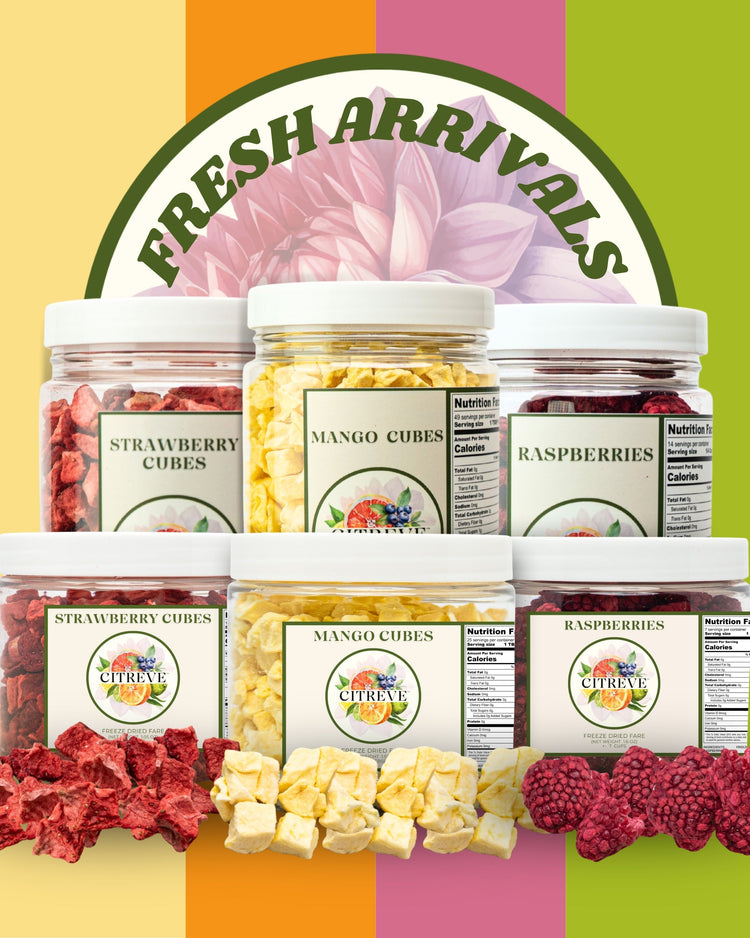 Assortment of CITREVE freeze-dried fruit jars featuring new product arrivals and colorful fruit varieties.