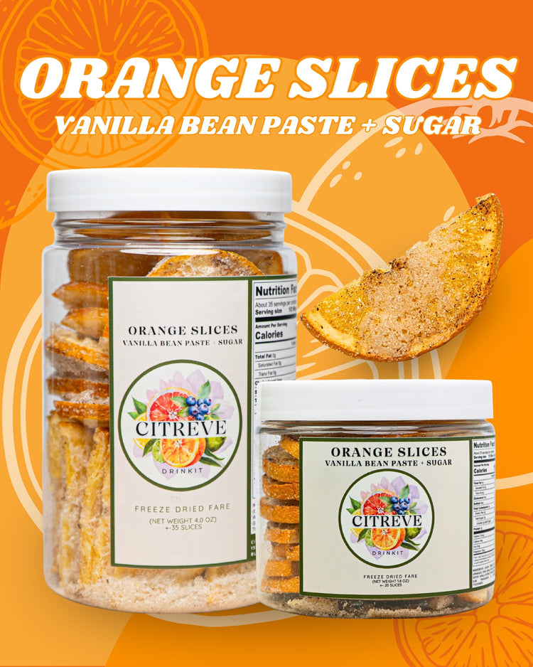CITREVE freeze-dried orange slices with vanilla bean paste and sugar in full-size and tasting-size jars.