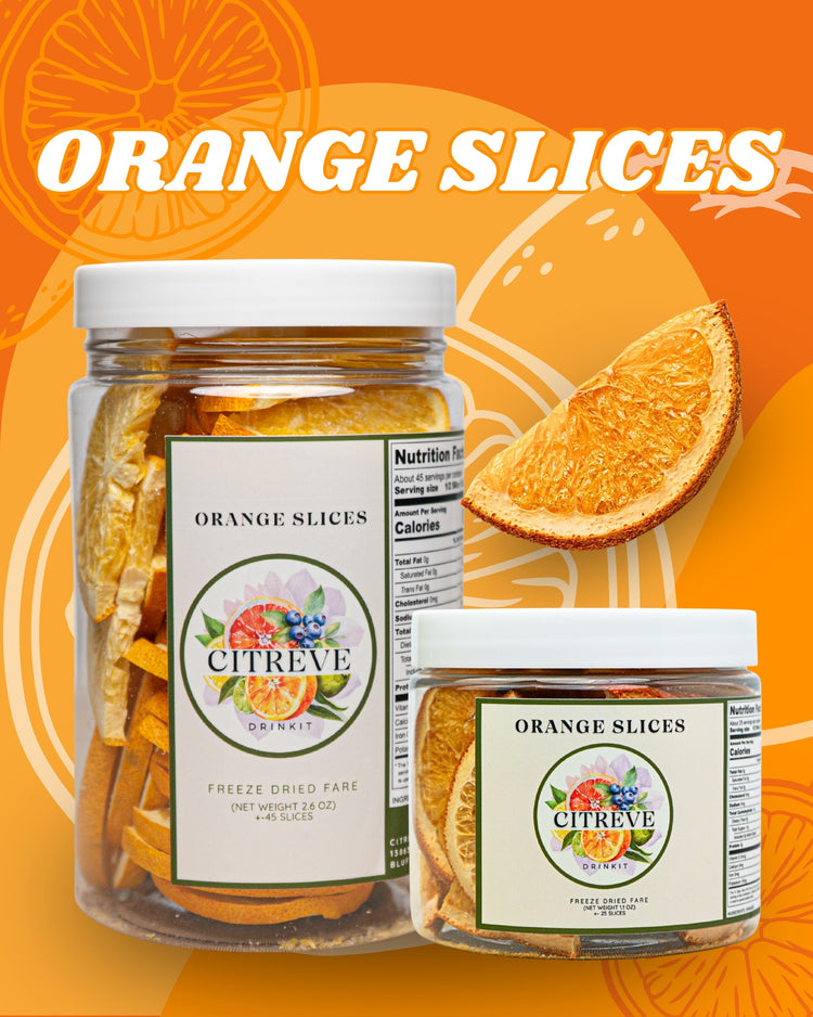 CITREVE freeze-dried orange slices in full-size and tasting-size jars, displayed with an orange slice on a bright orange background.