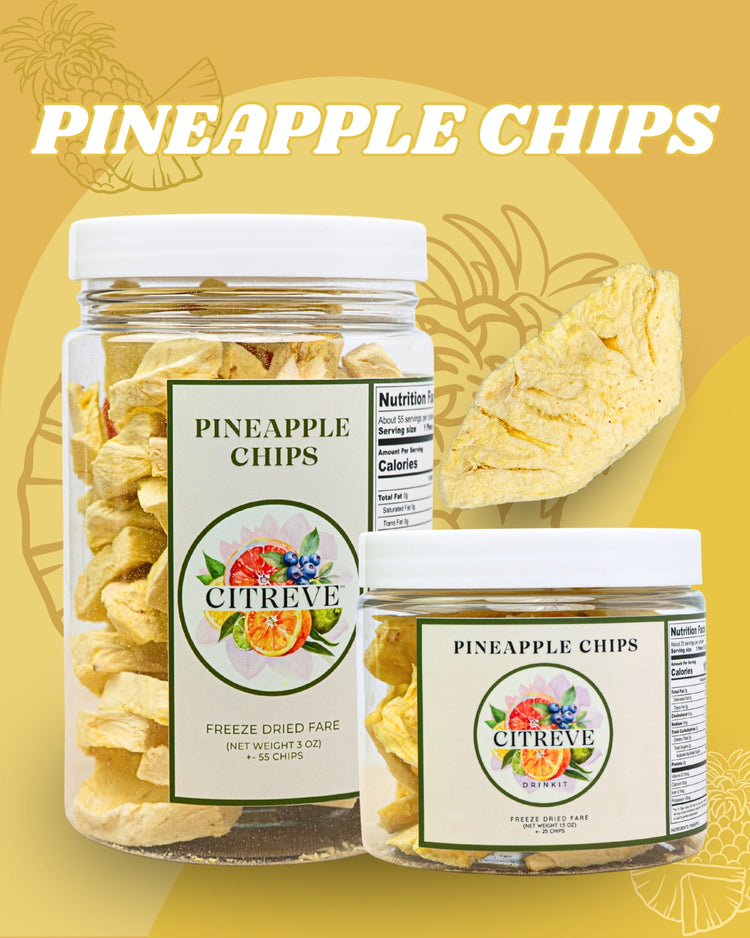 CITREVE freeze-dried pineapple chips in full-size and tasting-size jars, displayed with a pineapple chip on a yellow background.