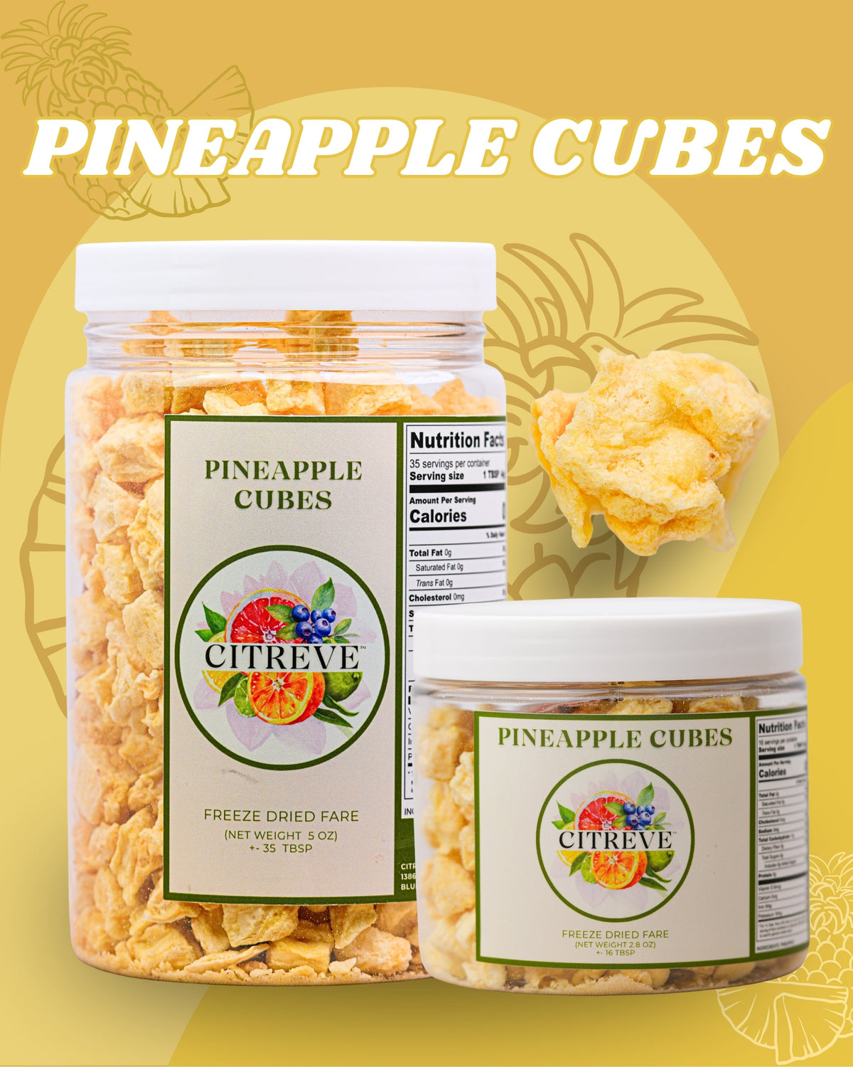 CITREVE freeze-dried pineapple cubes in full-size and tasting-size jars on a yellow background.