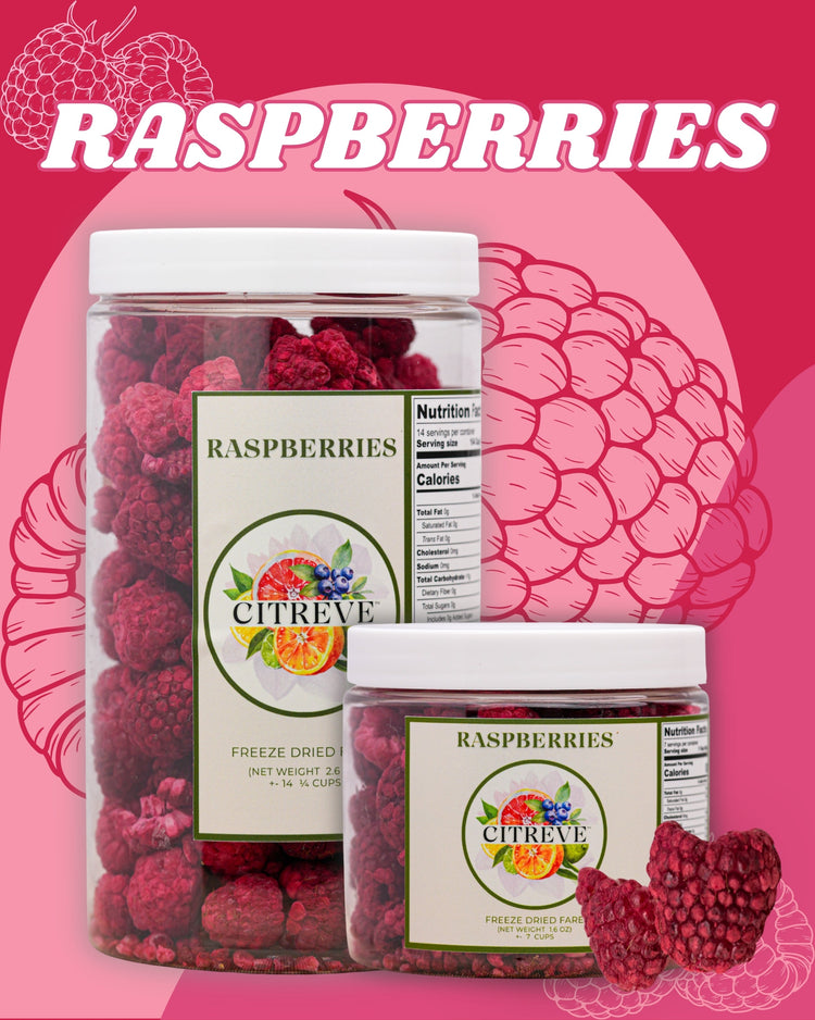 CITREVE freeze-dried raspberries in full-size and tasting-size jars on a raspberry-pink background.
