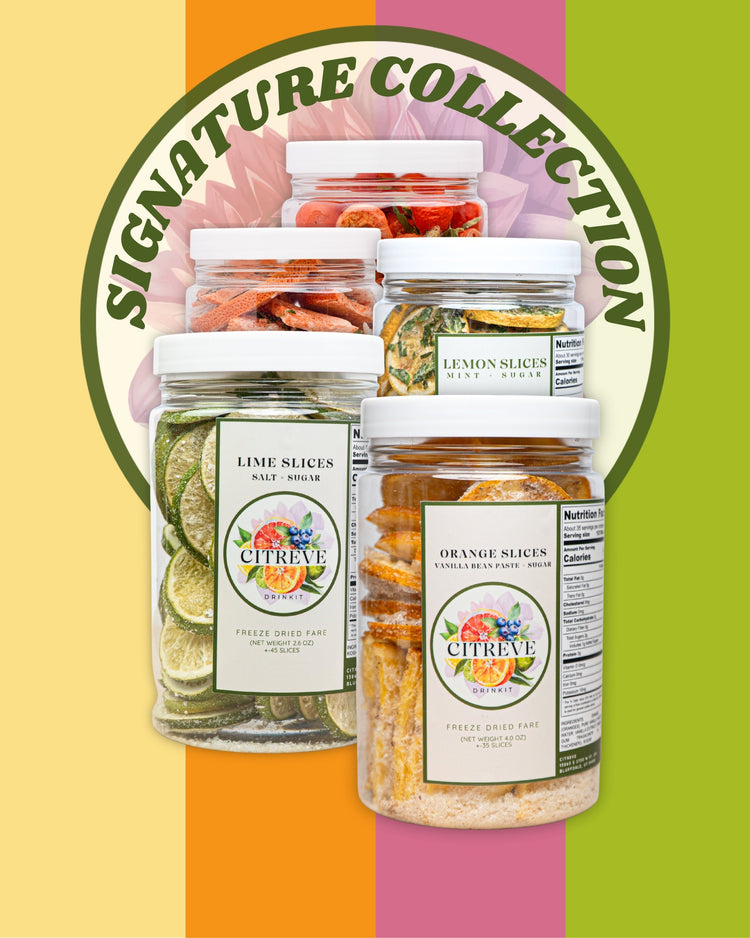 Assortment of CITREVE Signature Collection freeze-dried citrus jars featuring specialty flavors with sugar, mint, and vanilla.