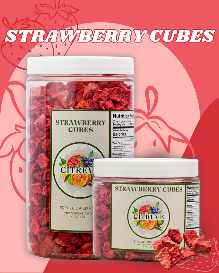 CITREVE freeze-dried strawberry cubes in full-size and tasting-size jars on a pink and red background.