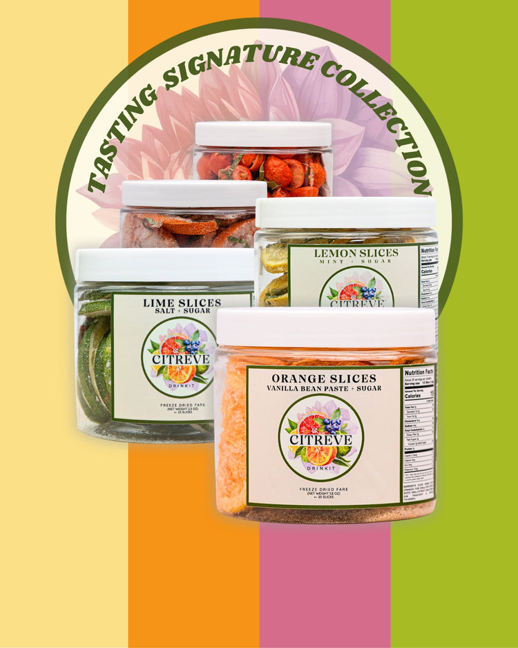 CITREVE Signature Collection tasting jars featuring freeze-dried citrus slices with specialty flavor combinations.