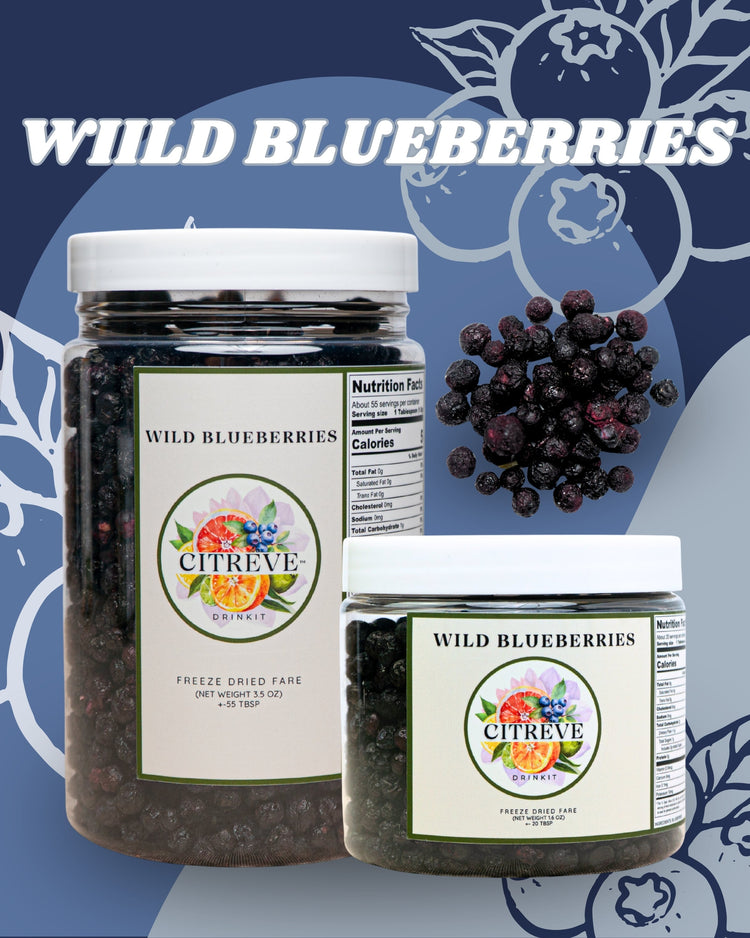 CITREVE freeze-dried wild blueberries in full-size and tasting-size jars on a blue background.