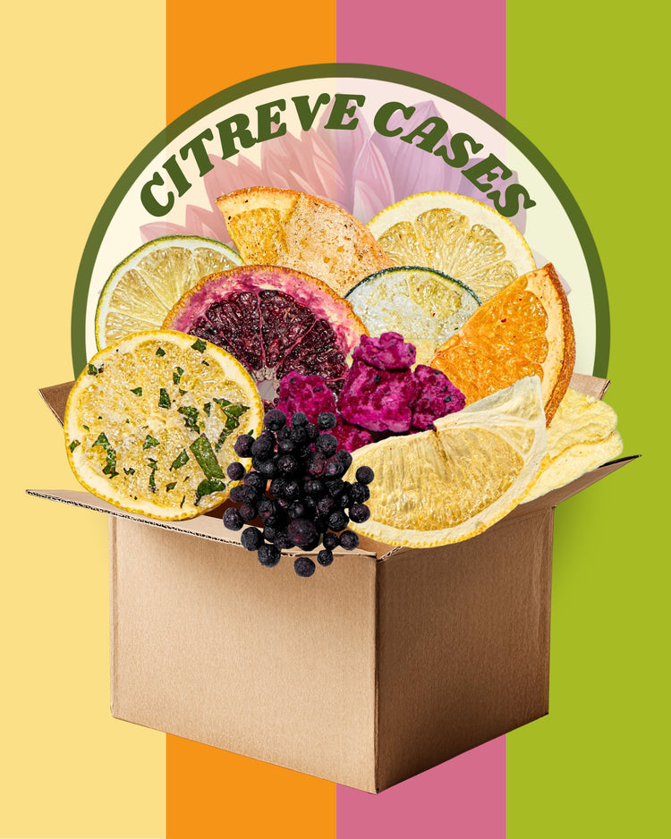 Assortment of CITREVE freeze-dried fruit jars displayed in a cardboard box, representing the CITREVE cases collection.