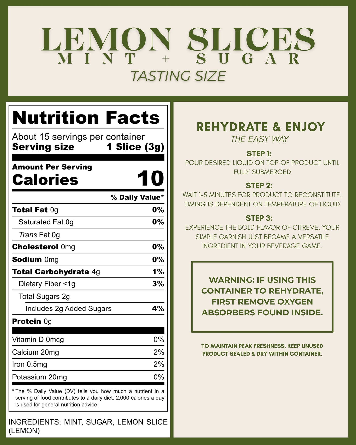 Tasting Size- Freeze-Dried Lemon Slices with Mint + Sugar