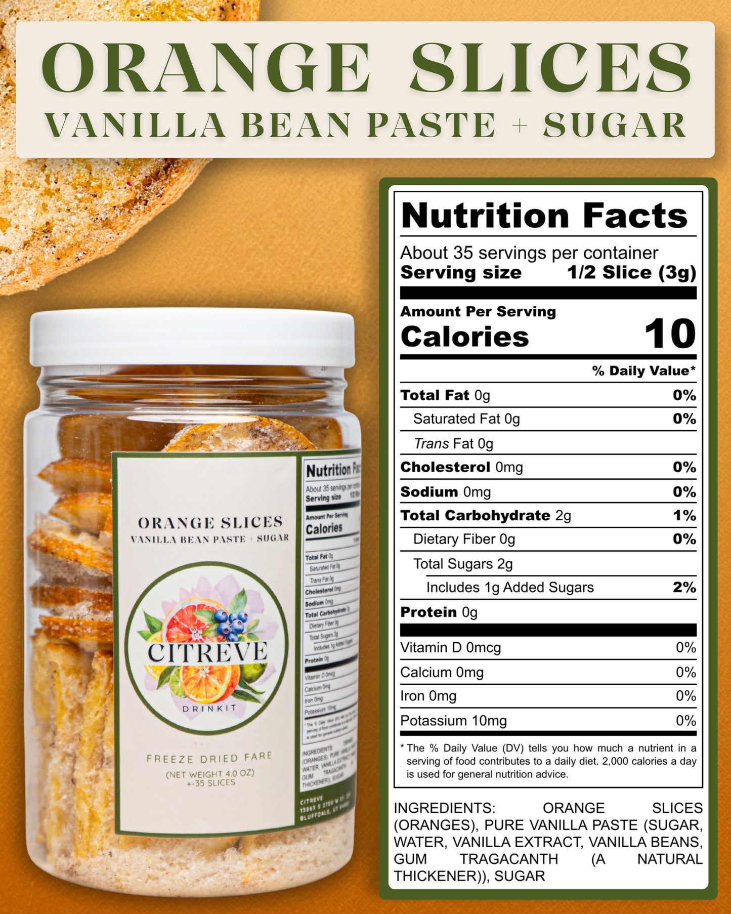 Freeze-Dried Orange Slices with Vanilla Bean Paste + Sugar