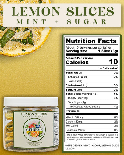 Tasting Size- Freeze-Dried Lemon Slices with Mint + Sugar